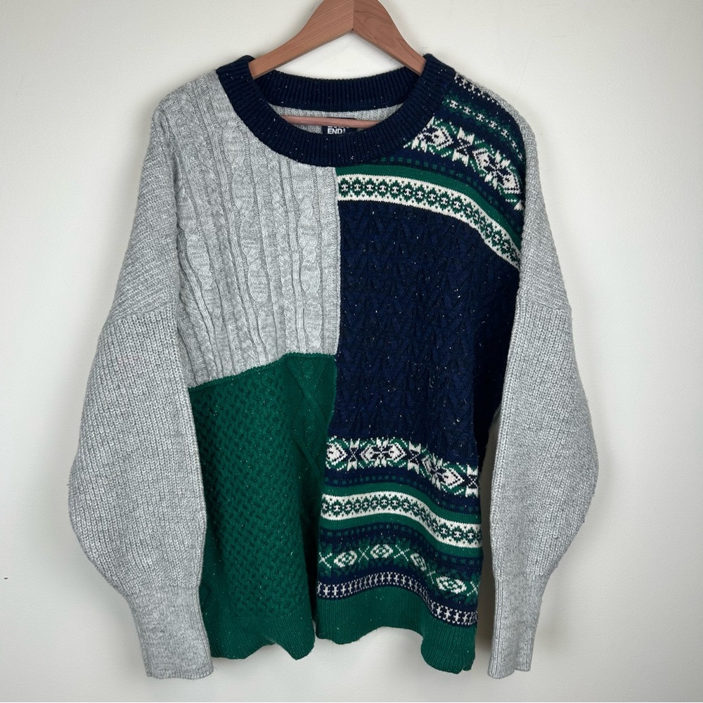 Lands' End Women’s Fair Isle Patchwork Cable Knit Sweater sz XL/18 Chunky Cozy